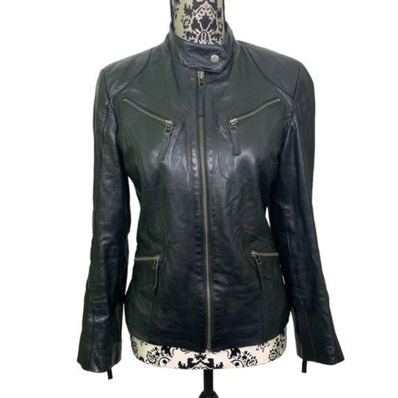 Derimod Black Leather Moto Bomber Jacket - Picture 1 of 10